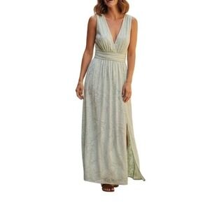 Lulus Sage Green Floral Jacquard V-Neck Maxi Dress Sleeveless Side Slit Womens M